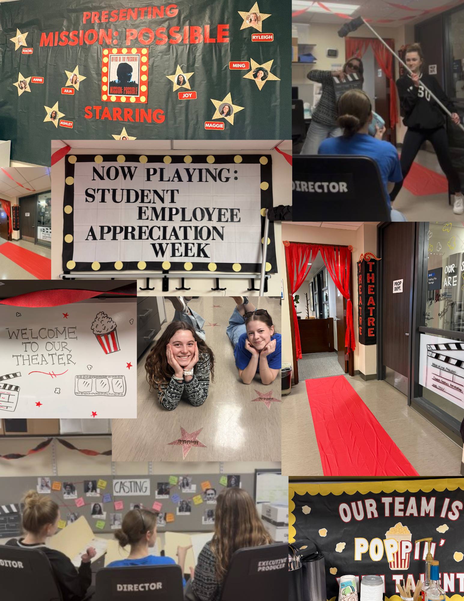 Sign that says "Presenting Mission: Possible," with students pretending to film a movie, there's a directors chair, a casting area, and students smiling on a recreated Hollywood walk of fame